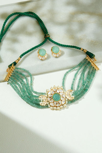 Joules by Radhika Green & Golden Polki Necklace Set jewellery indian designer wear online shopping melange singapore