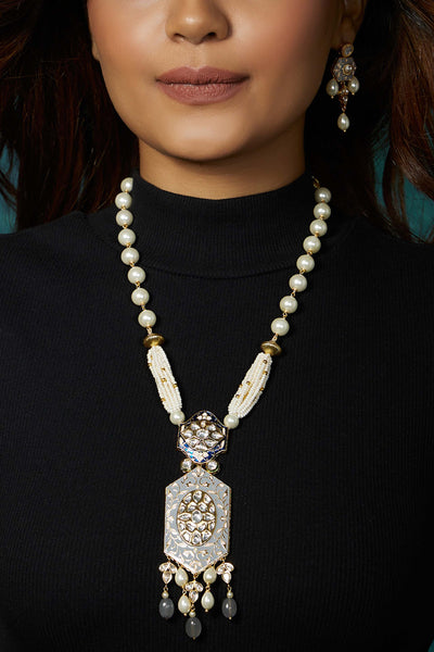 Joules By Radhika Grey Enamelled And White Pearl Necklace Set Online Shopping Melange Singapore Indian Designer Wear