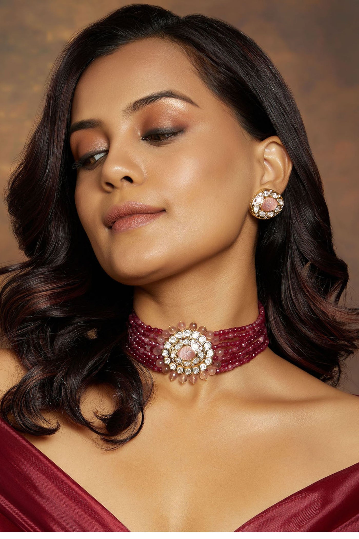  Joules by Radhika Red & Golden Polki Necklace Set jewellery indian designer wear online shopping melange singapore