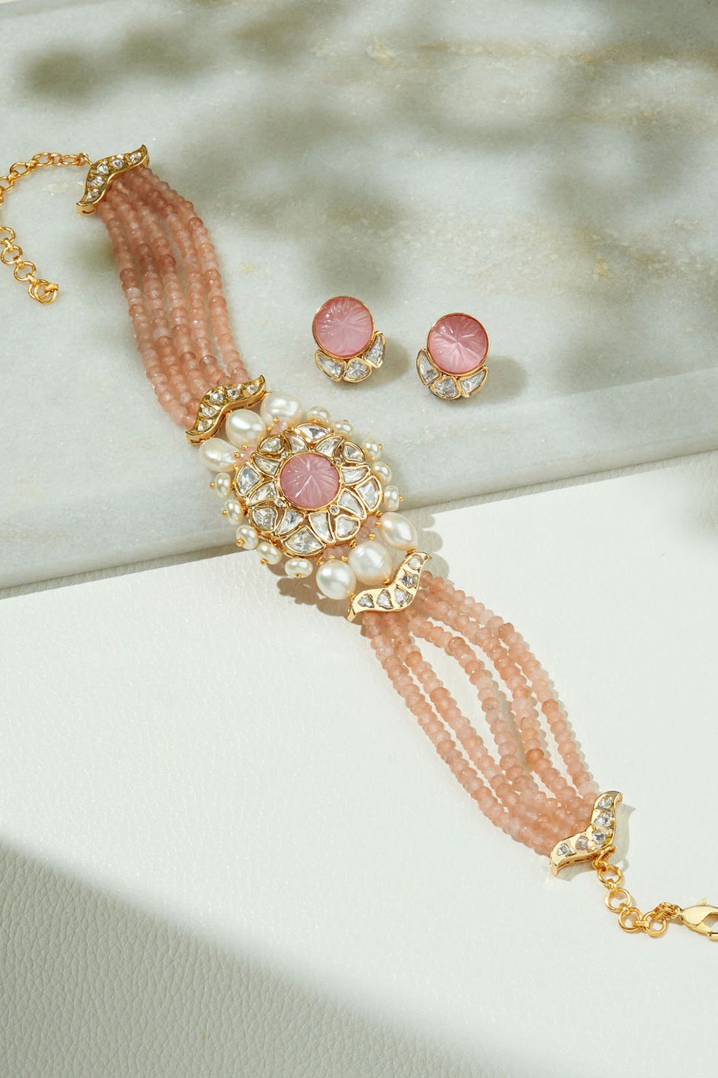Joules by Radhika Vibrant Peach Beaded Polki Necklace Set jewellery indian designer wear online shopping melange singapore