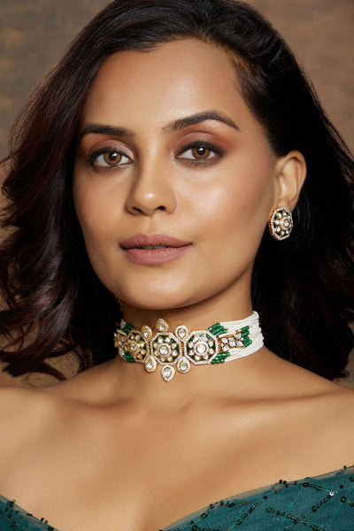 Joules by Radhika White & Green Shaded Polki Choker Set jewellery indian designer wear online shopping melange singapore