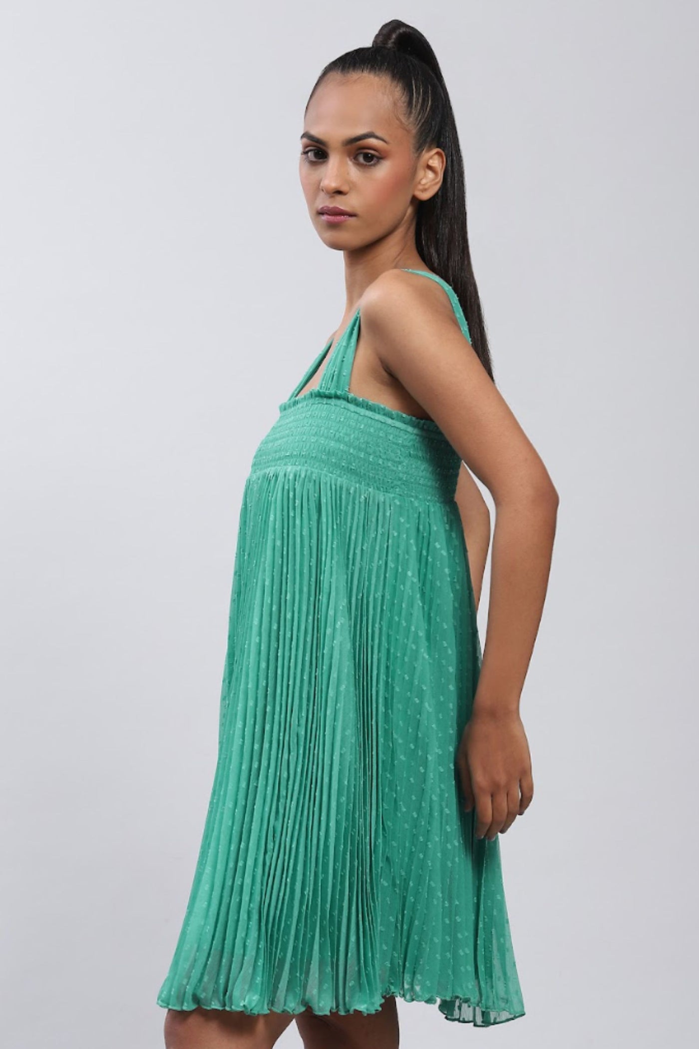 Label Ritu Kumar Aqua Textured Short Dress with Smocking Indian designer wear online shopping melange singapore