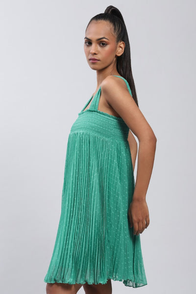 Label Ritu Kumar Aqua Textured Short Dress with Smocking Indian designer wear online shopping melange singapore