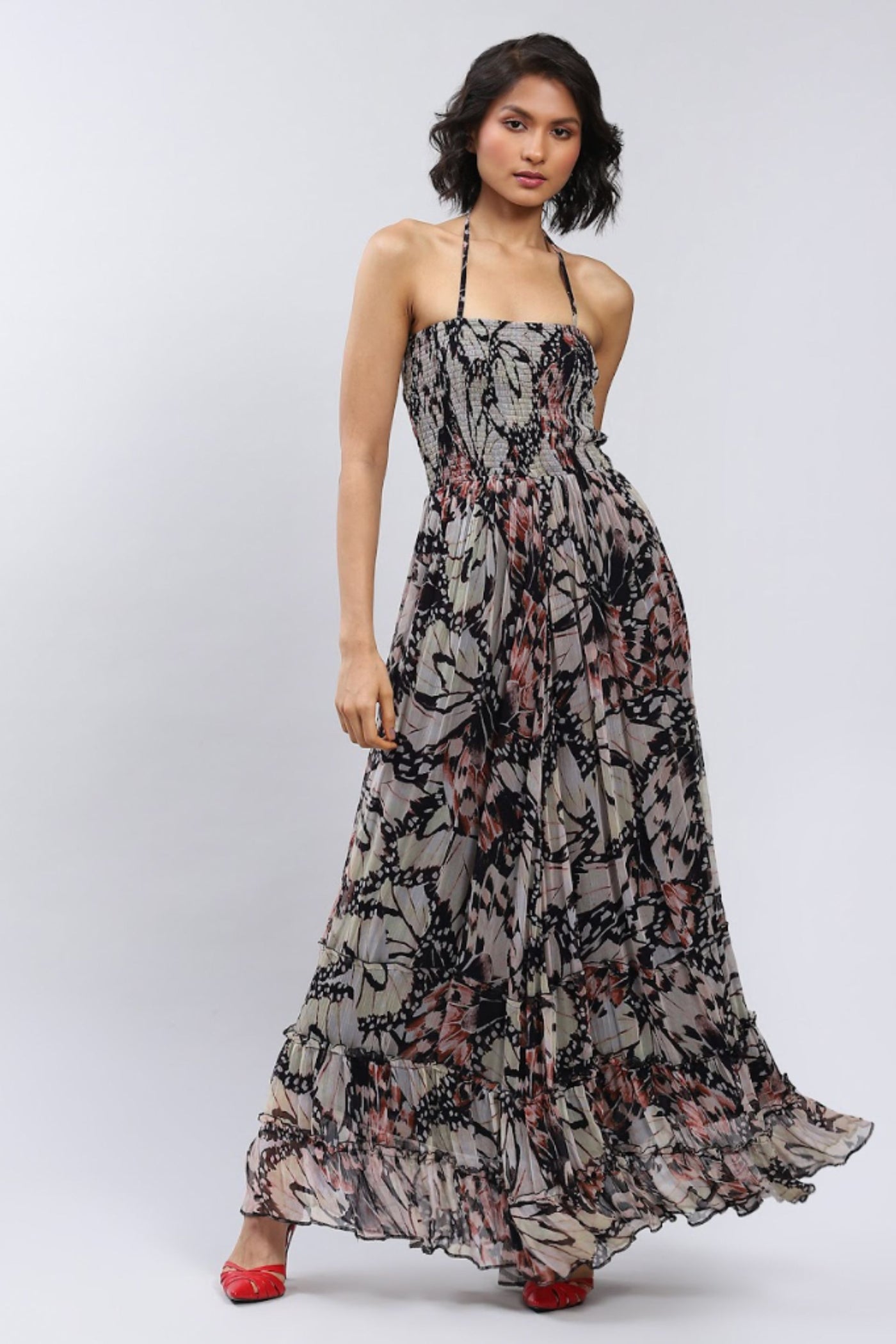 Label Ritu Kumar Black Botanic Print Halter Maxi Dress Indian designer wear online shopping melange singapore