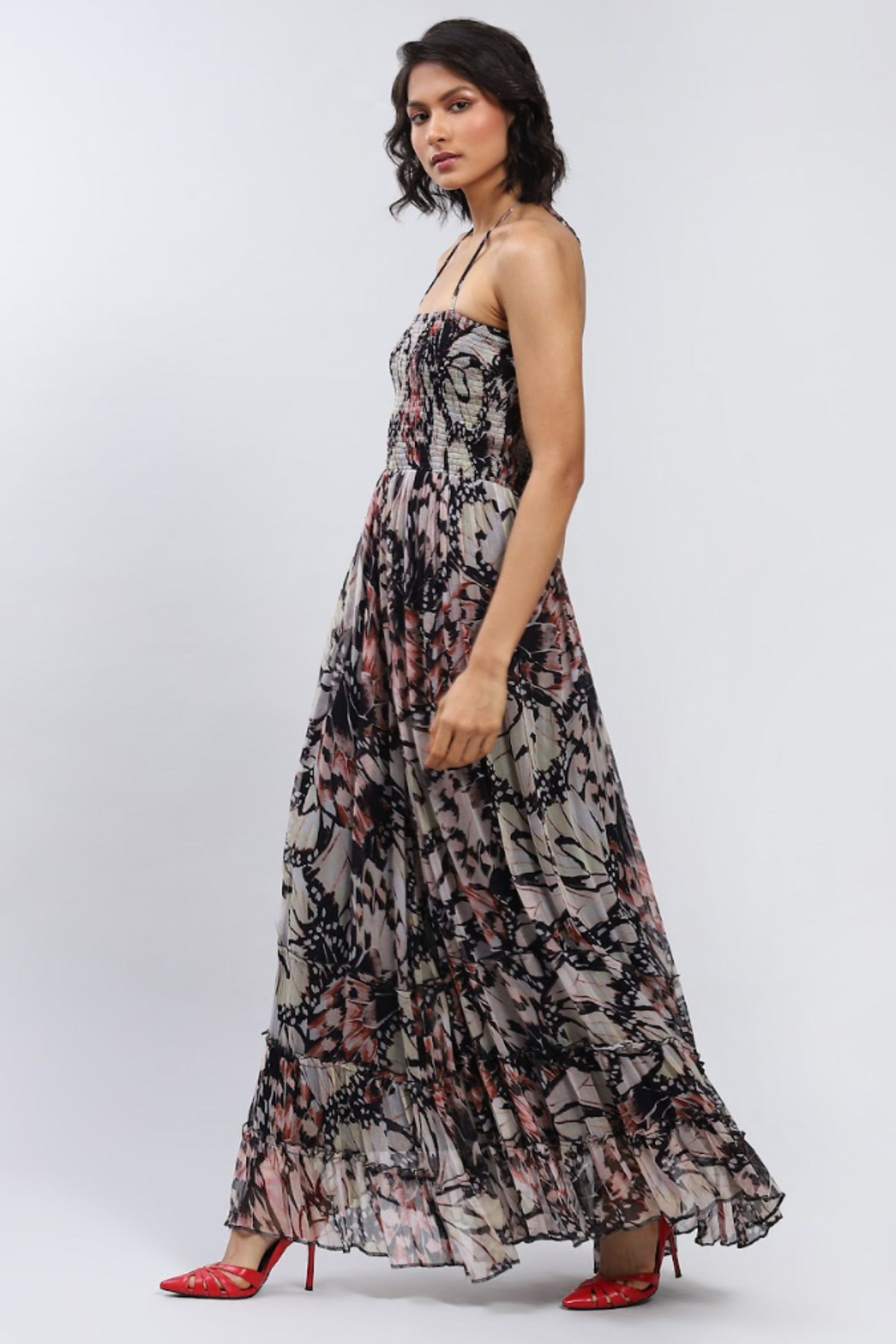 Label Ritu Kumar Black Botanic Print Halter Maxi Dress Indian designer wear online shopping melange singapore