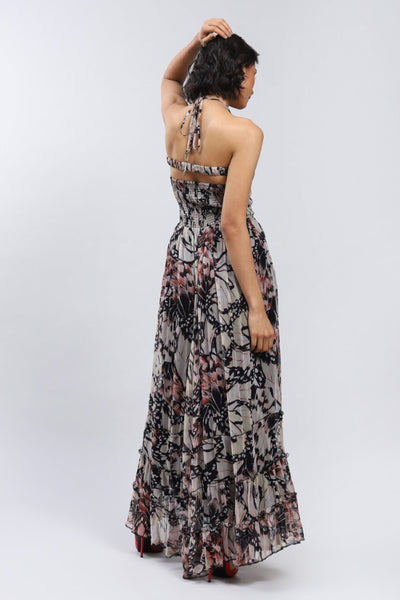 Label Ritu Kumar Black Botanic Print Halter Maxi Dress Indian designer wear online shopping melange singapore