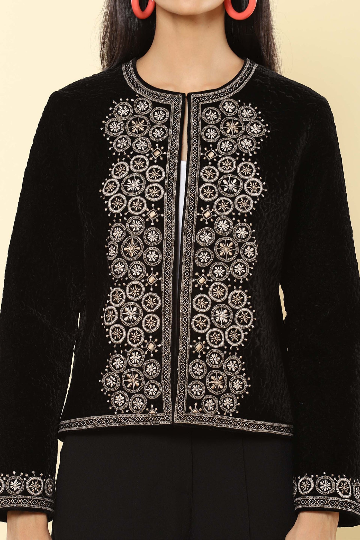 label ritu kumar Black Floral Embroidered Jacket western indian designer wear online shopping melange singapore