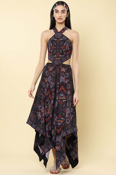 label ritu kumar Black Floral Print Halter Maxi Dress western indian designer wear online shopping melange singapore
