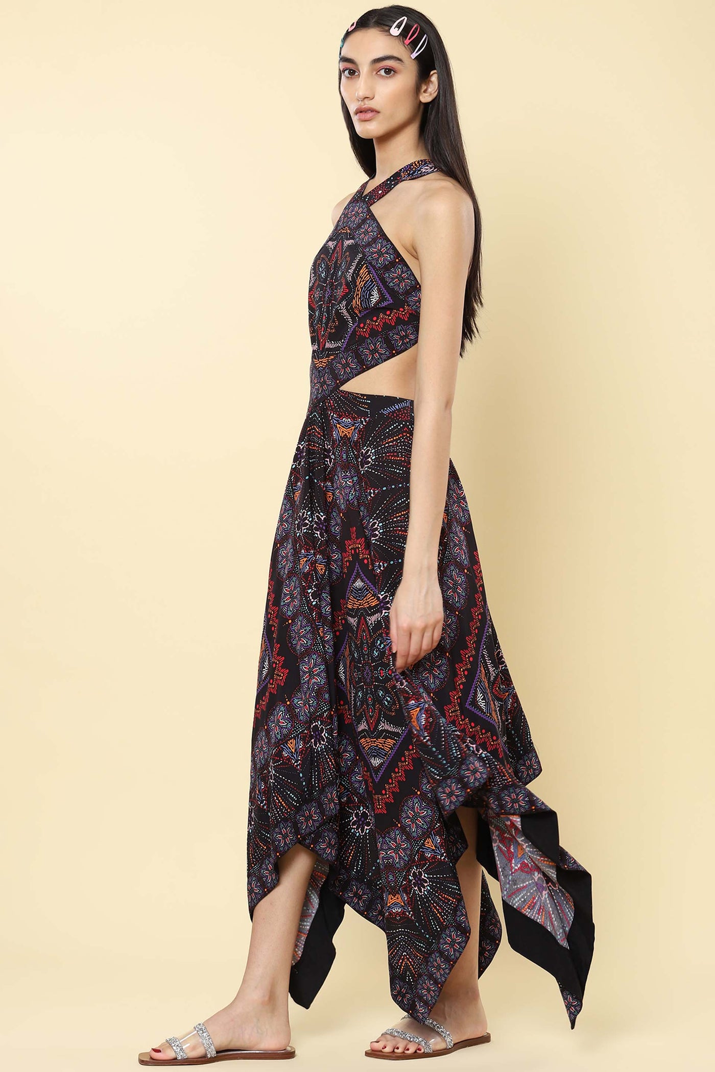 label ritu kumar Black Floral Print Halter Maxi Dress western indian designer wear online shopping melange singapore