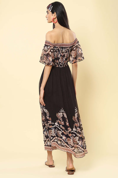 label ritu kumar Black Floral Print Off-the-Shoulder Maxi Dress western indian designer wear online shopping melange singapore