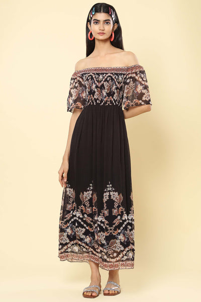 label ritu kumar Black Floral Print Off-the-Shoulder Maxi Dress western indian designer wear online shopping melange singapore