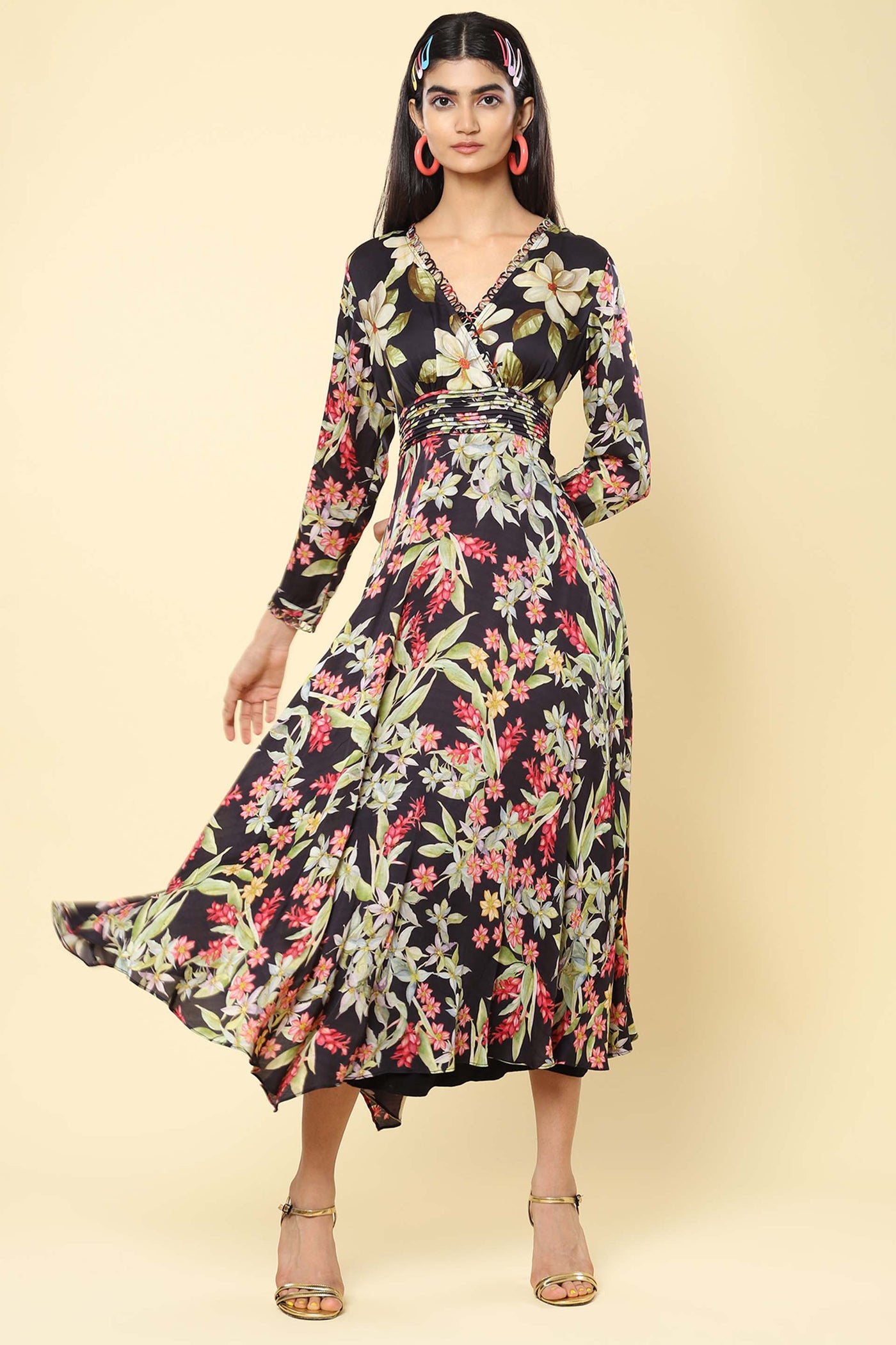 label ritu kumar Black Floral Print Wrap Dress western indian designer wear online shopping melange singapore