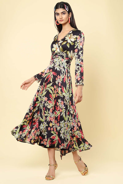 label ritu kumar Black Floral Print Wrap Dress western indian designer wear online shopping melange singapore