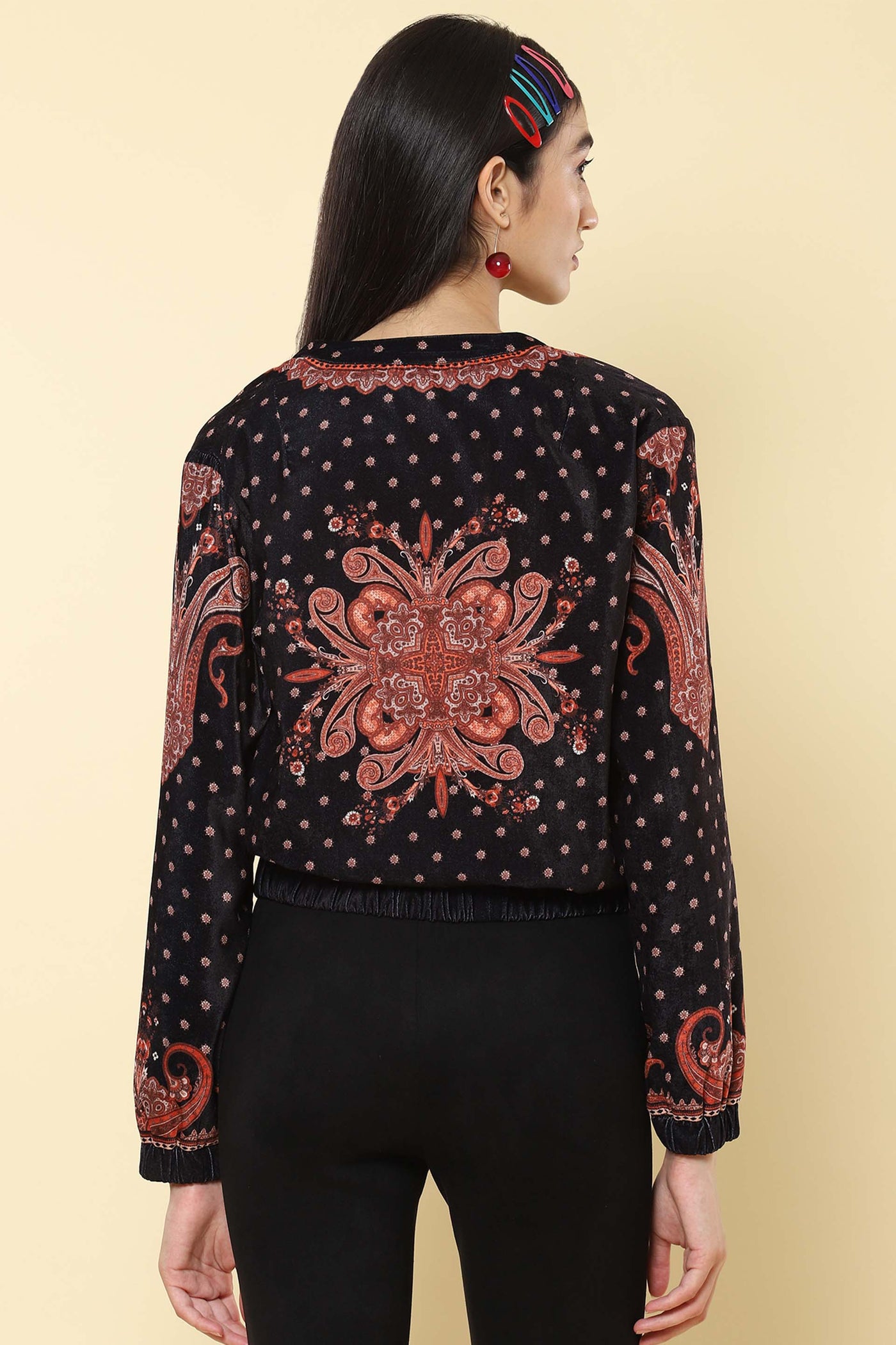 Label ritu kumar Black Floral Printed Bomber Jacket western indian designer wear online shopping melange singapore