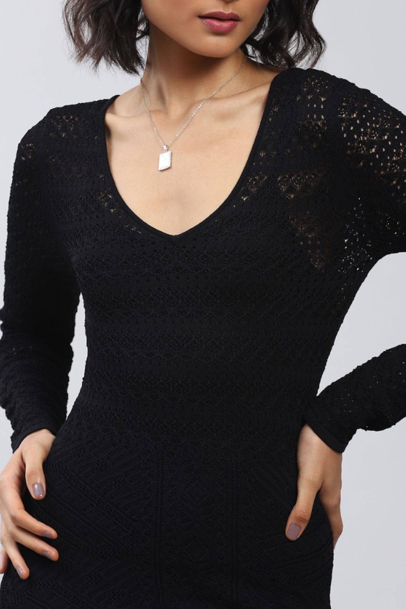 Label Ritu Kumar Black Pointelle Knit Dress With Inner Indian designer wear online shopping melange singapore