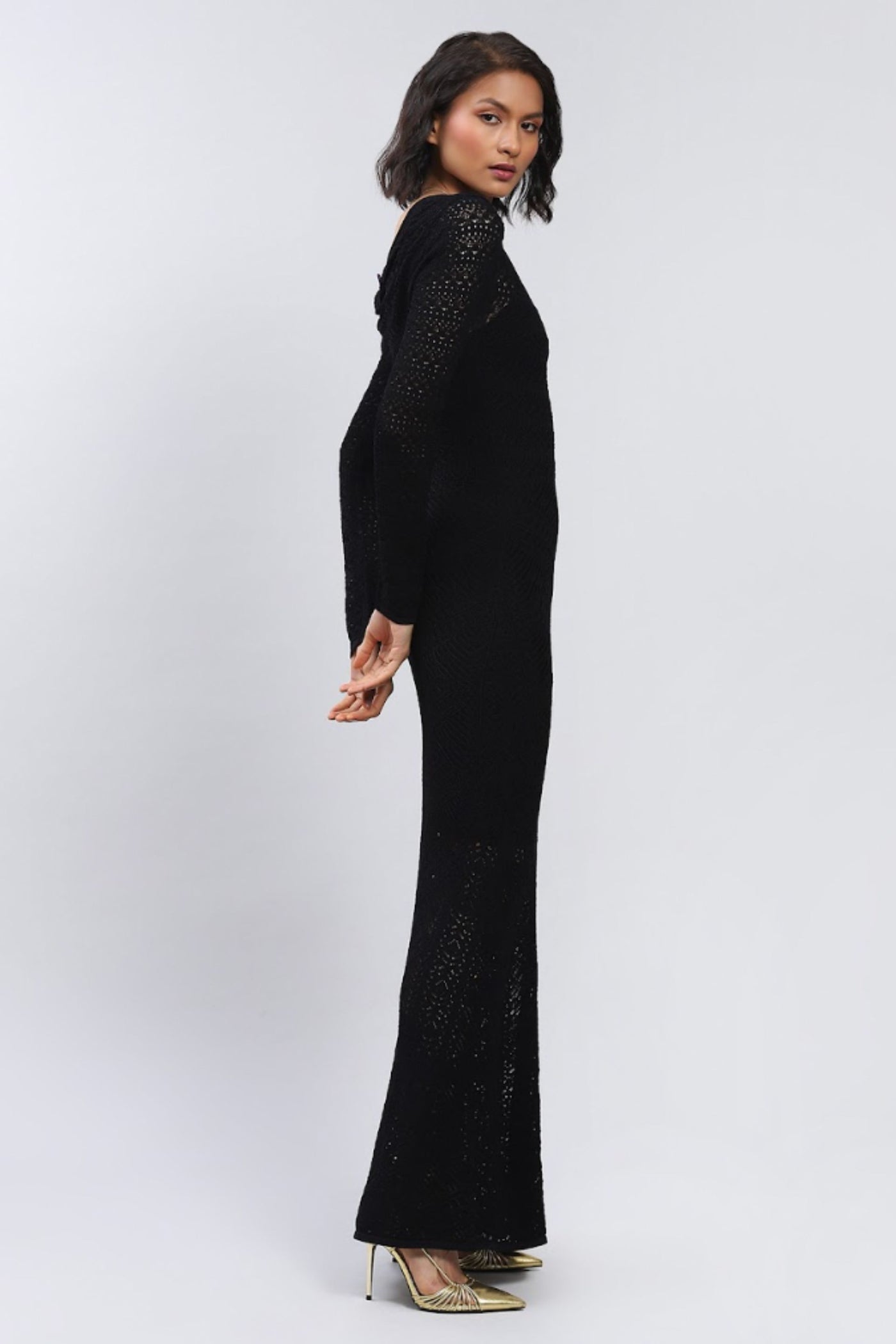 Label Ritu Kumar Black Pointelle Knit Dress With Inner Indian designer wear online shopping melange singapore