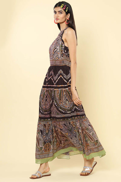 label ritu kumar Black Printed Halter Neck Maxi Dress western indian designer wear online shopping melange singapore