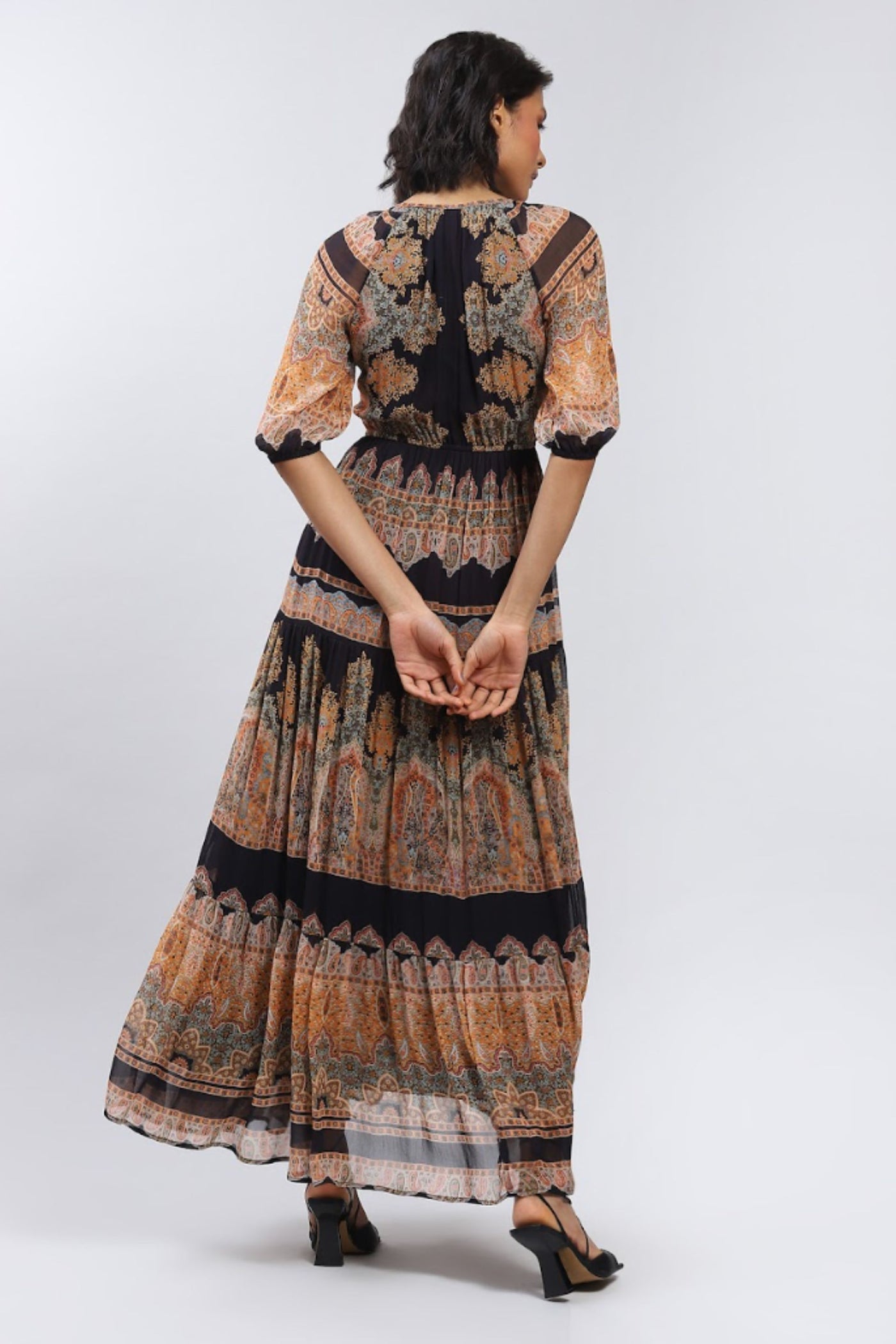Label Ritu Kumar Black Printed Maxi Dress Indian designer wear online shopping melange singapore