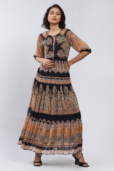 Label Ritu Kumar Black Printed Maxi Dress Indian designer wear online shopping melange singapore