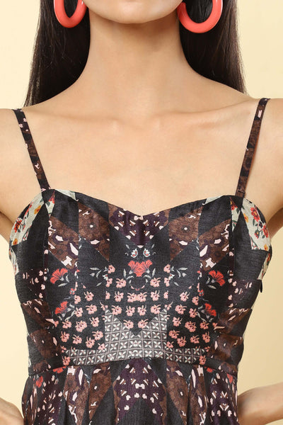 label ritu kumar Black Printed Strappy Midi Dress western indian designer wear online shopping melange singapore