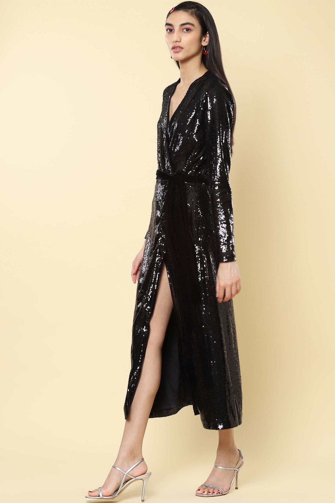 label ritu kumar Black Wrap Sequin Maxi Dress western indian designer wear online shopping melange singapore