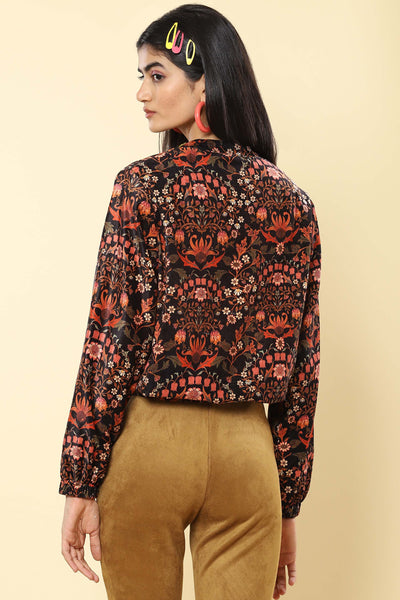 Label ritu kumar Black & Rust Floral Print Velvet Bomber Jacket western indian designer wear online shopping melange singapore