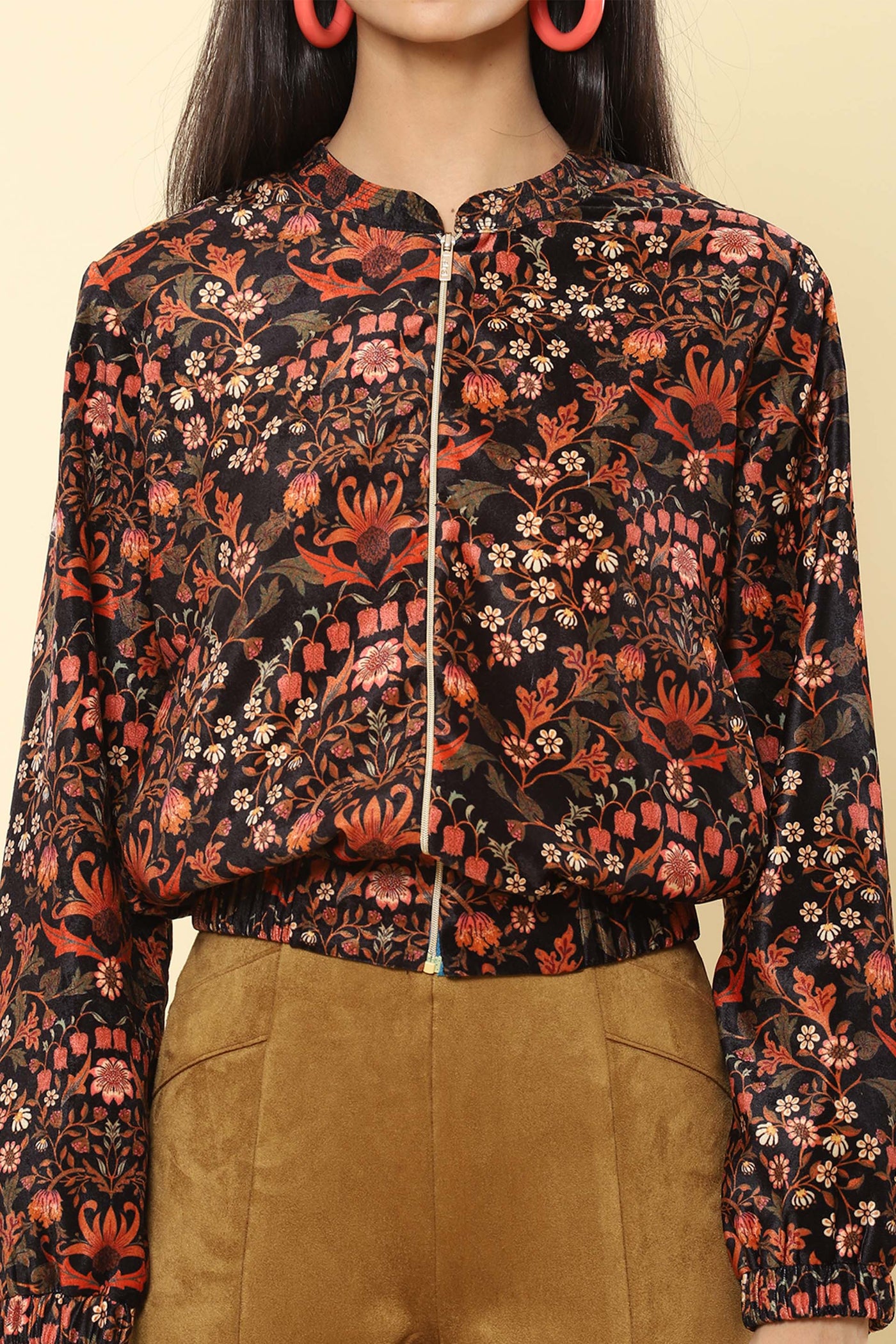 Label ritu kumar Black & Rust Floral Print Velvet Bomber Jacket western indian designer wear online shopping melange singapore