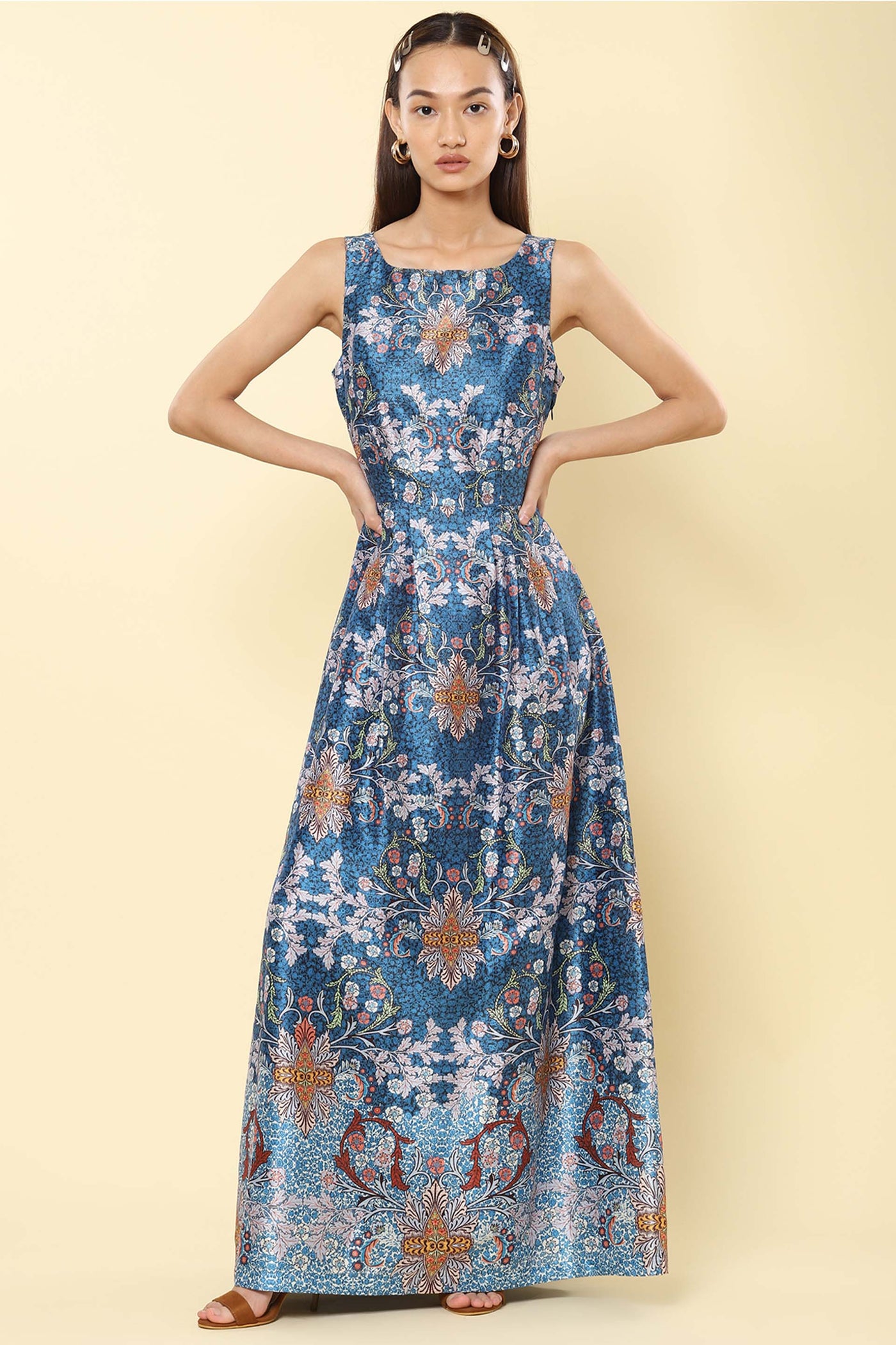 label ritu kumar Blue Floral Print Maxi Dress western indian designer wear online shopping melange singapore
