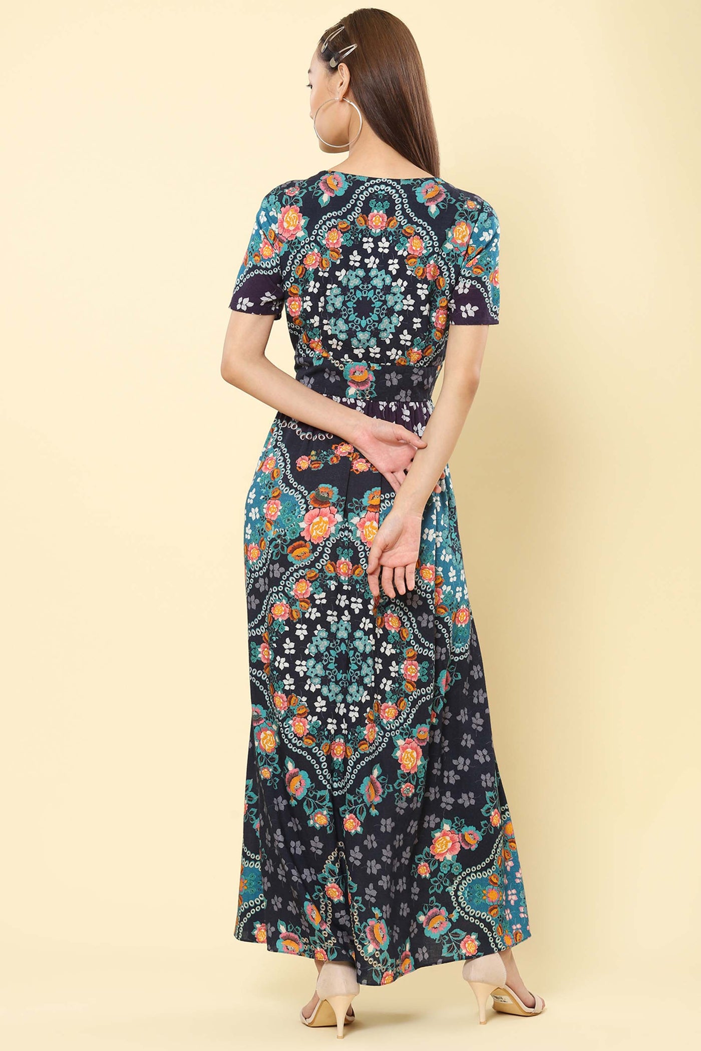 label ritu kumar Blue Floral Print Midi Dress western indian designer wear online shopping melange singapore