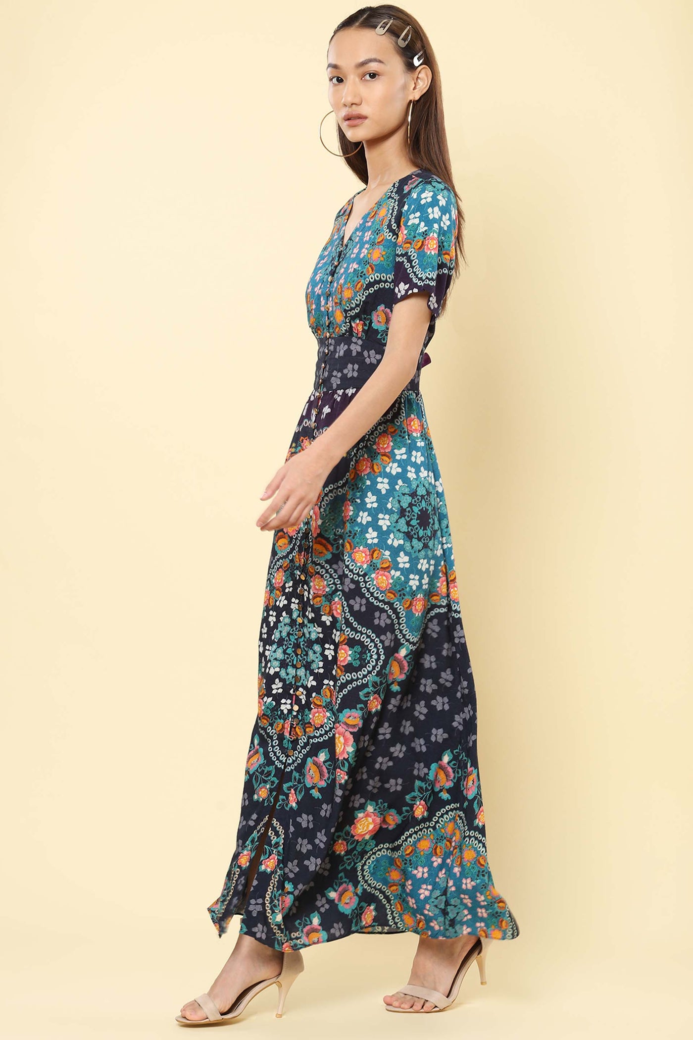 label ritu kumar Blue Floral Print Midi Dress western indian designer wear online shopping melange singapore