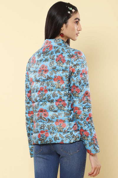 label ritu kumar Blue Floral Print Puffer Jacket western indian designer wear online shopping melange singapore