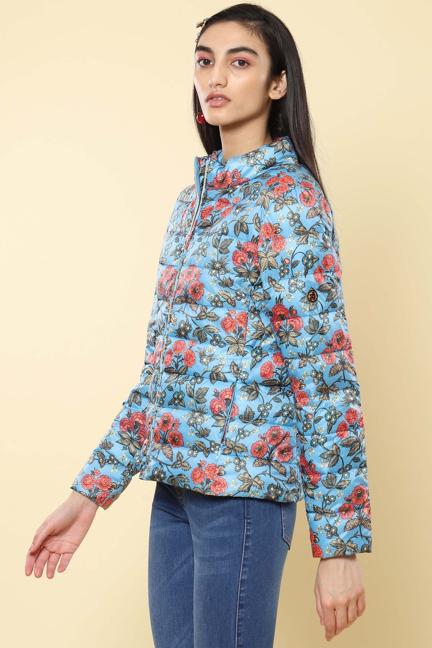 label ritu kumar Blue Floral Print Puffer Jacket western indian designer wear online shopping melange singapore