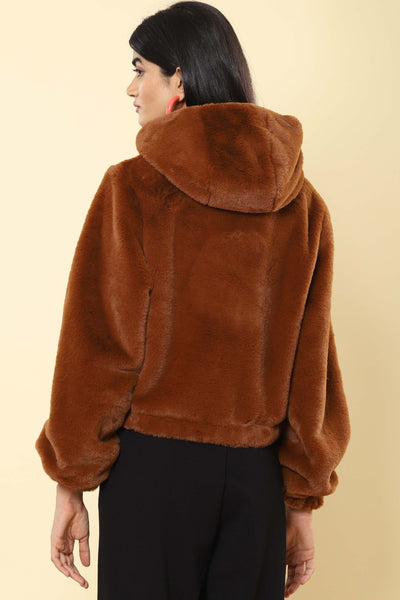 Label ritu kumar Camel Hooded Faux Fur Jacket western indian designer wear online shopping melange singapore