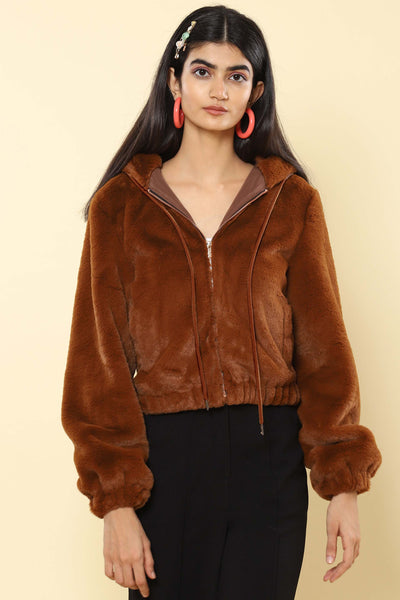 Label ritu kumar Camel Hooded Faux Fur Jacket western indian designer wear online shopping melange singapore