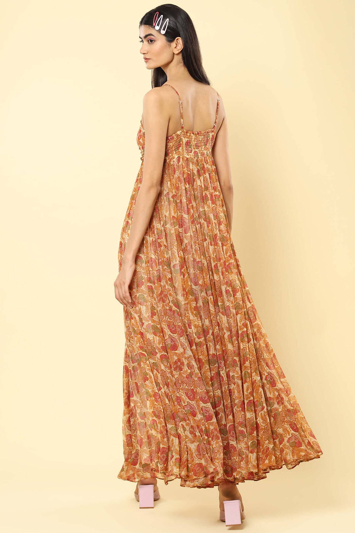 label ritu kumar Ecru Floral Print Strappy Maxi Dress western indian designer wear online shopping melange singapore