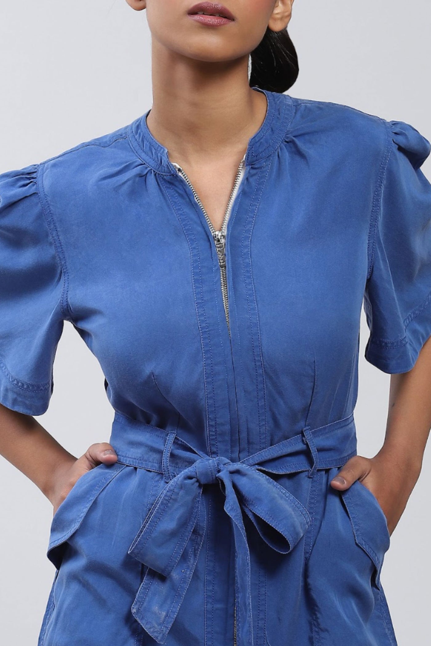 Label Ritu Kumar Electric Blue Front-Zip Playsuit Indian designer wear online shopping melange singapore