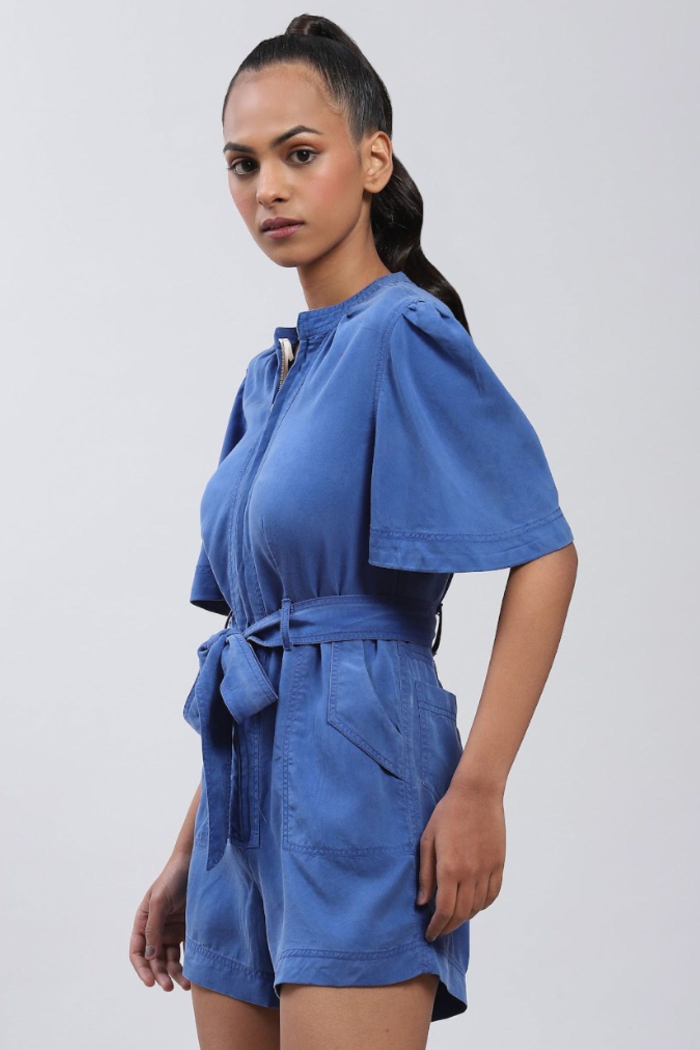 Label Ritu Kumar Electric Blue Front-Zip Playsuit Indian designer wear online shopping melange singapore