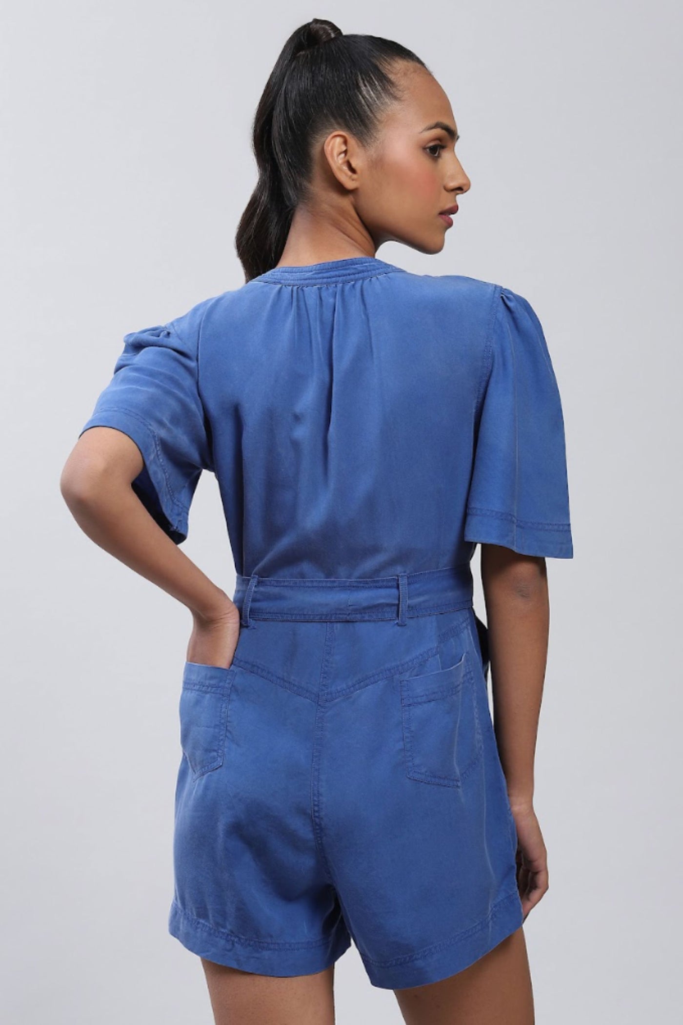 Label Ritu Kumar Electric Blue Front-Zip Playsuit Indian designer wear online shopping melange singapore