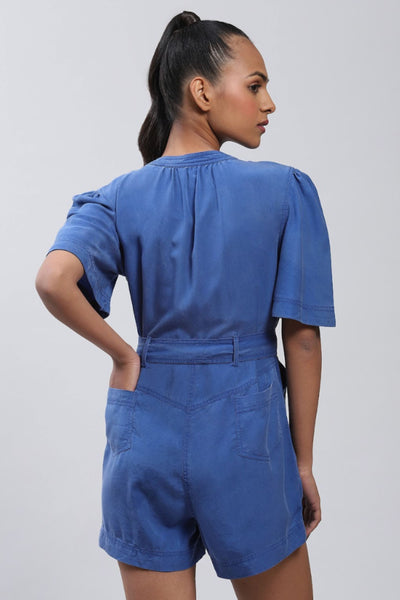 Label Ritu Kumar Electric Blue Front-Zip Playsuit Indian designer wear online shopping melange singapore