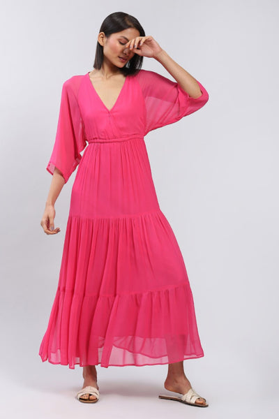 Label Ritu Kumar Fuchsia Pink Maxi Dress with Tiers Indian designer wear online shopping melange singapore