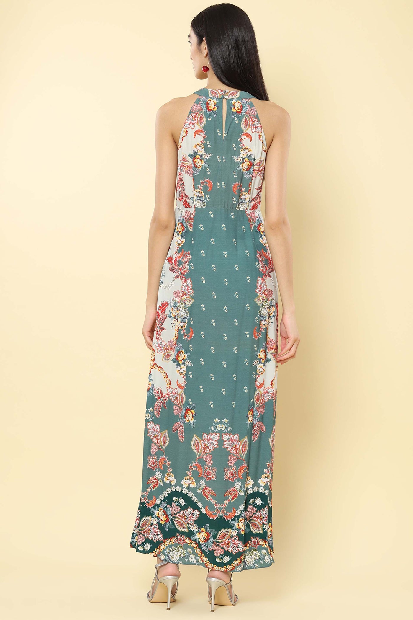 label ritu kumar Mint Floral Print Halter Maxi Dress western indian designer wear online shopping melange singapore