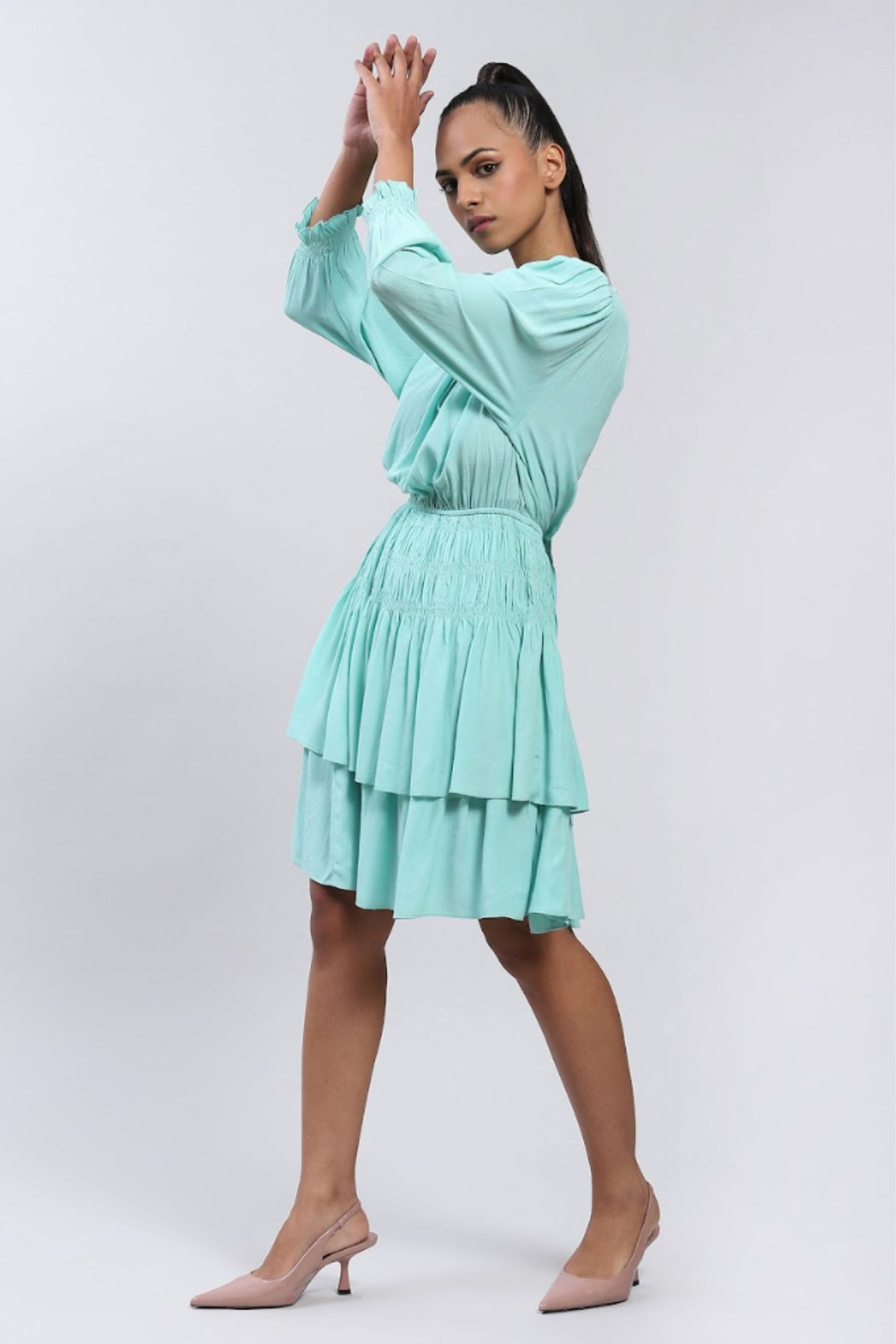 Label Ritu Kumar Mint Short Dress with Smocking Indian designer wear online shopping melange singapore