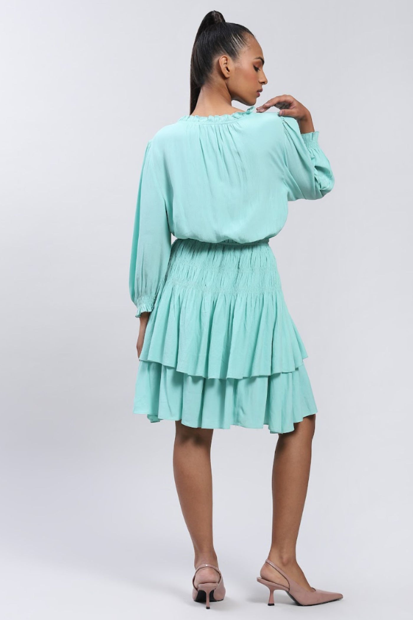 Label Ritu Kumar Mint Short Dress with Smocking Indian designer wear online shopping melange singapore