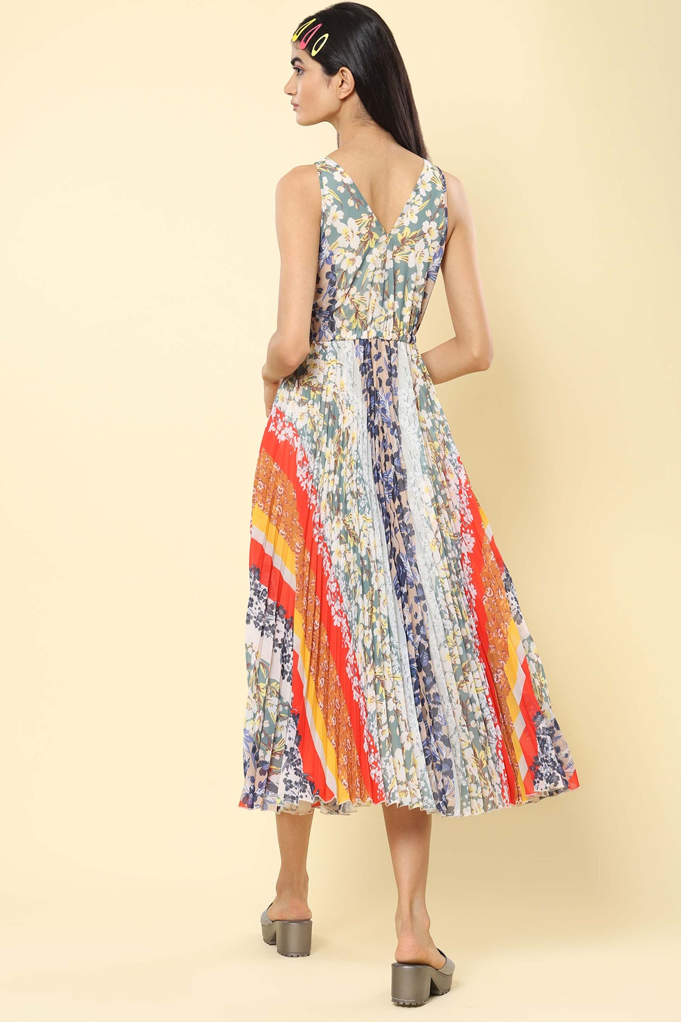 label ritu kumar Multi-Color Floral Print Velvet Pleated Midi Dress western indian designer wear online shopping melange singapore