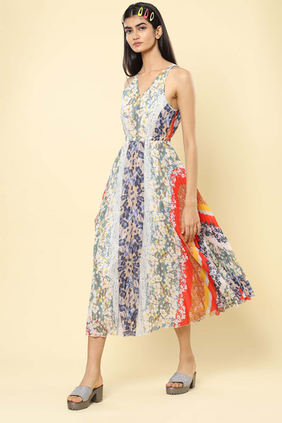 label ritu kumar Multi-Color Floral Print Velvet Pleated Midi Dress western indian designer wear online shopping melange singapore