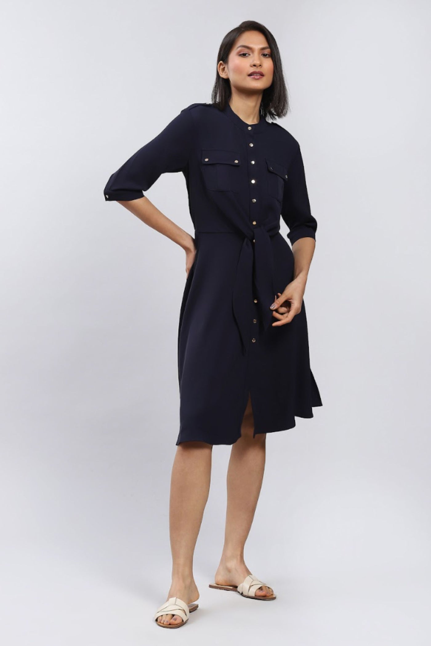 Label Ritu Kumar Navy blue midi dress with knot detail Indian designer wear online shopping melange singapore