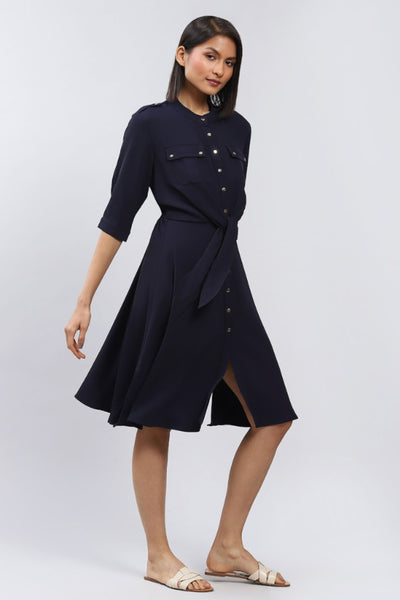 Label Ritu Kumar Navy blue midi dress with knot detail Indian designer wear online shopping melange singapore