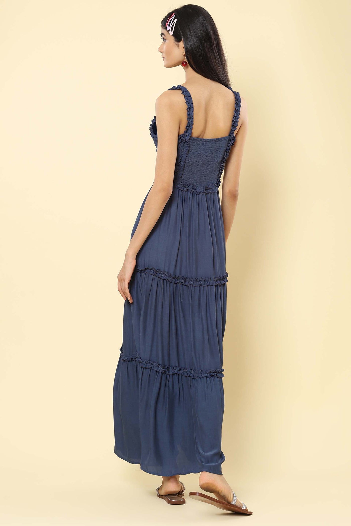 Label Ritu kumar Navy Ruched Strappy Maxi Dress western indian designer wear online shopping melange singapore