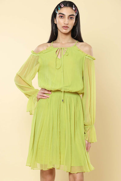 label ritu kumar Neon Green Cold-Shoulder Short Dress western indian designer wear online shopping melange singapore