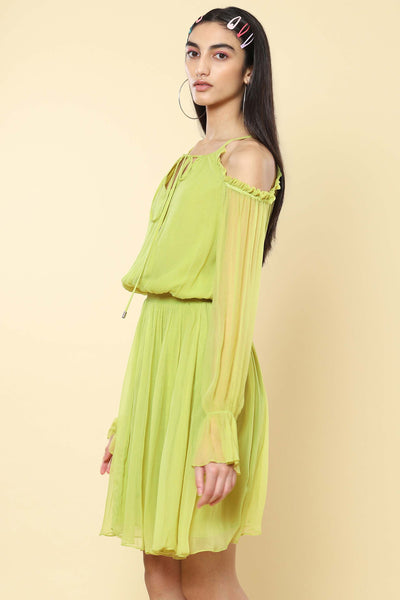 label ritu kumar Neon Green Cold-Shoulder Short Dress western indian designer wear online shopping melange singapore